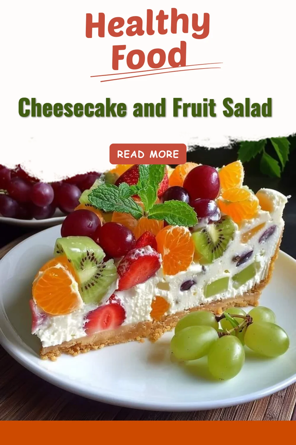 Cheesecake on a plate with a refreshing fruit salad garnish