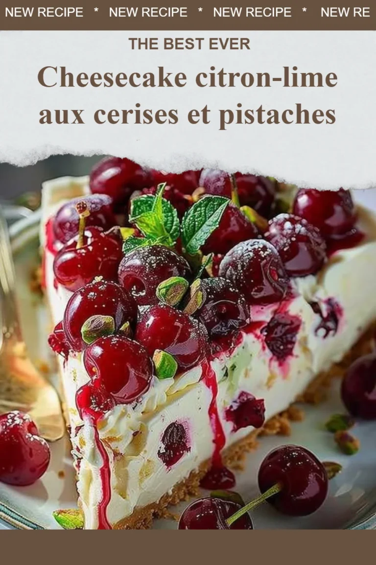 Cheesecake citron-lime garni de cerises et pistaches, dessert crémeux et savoureux