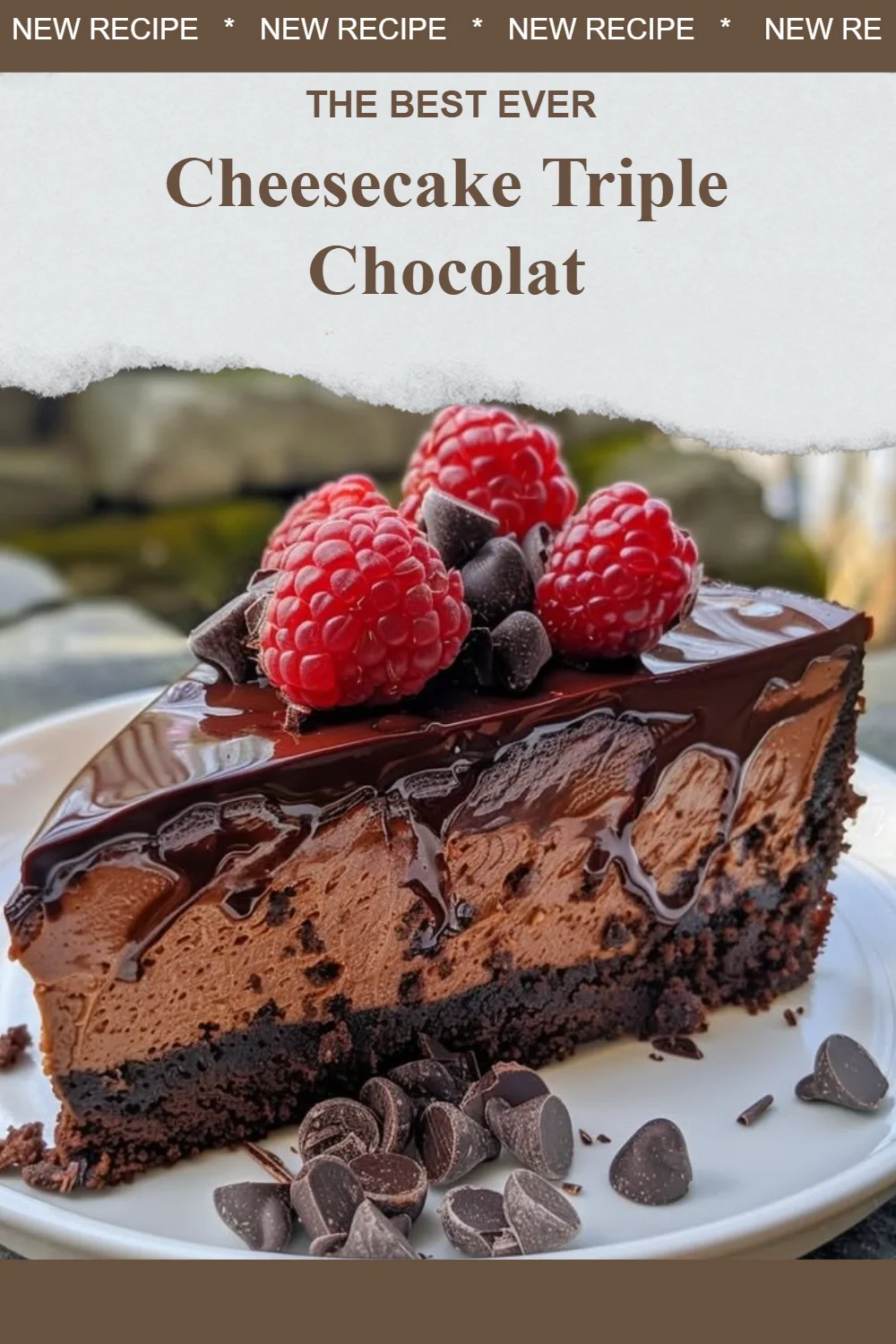 Cheesecake Triple Chocolat sur une assiette, décoré de copeaux de chocolat
