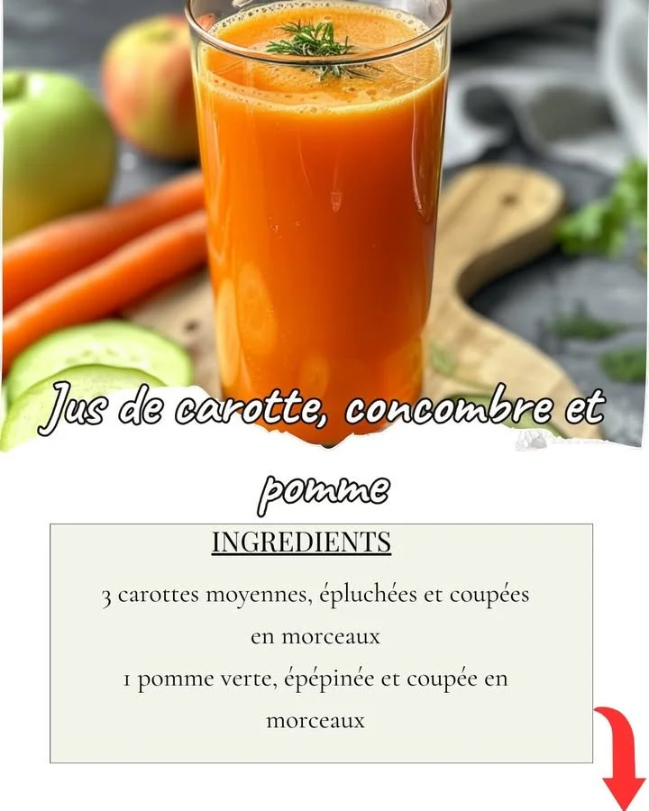 Jus détox à base de carotte, concombre et pomme, idéal pour une purification naturelle.