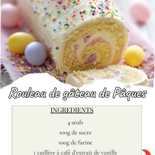 Rouleau de Gâteau de Pâques décoré avec des œufs colorés et des fleurs