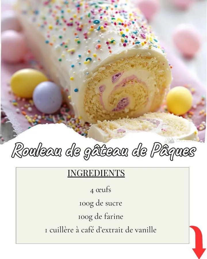 Rouleau de Gâteau de Pâques décoré avec des œufs colorés et des fleurs