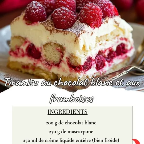 Tiramisu au chocolat blanc et framboises, un dessert élégant et savoureux.