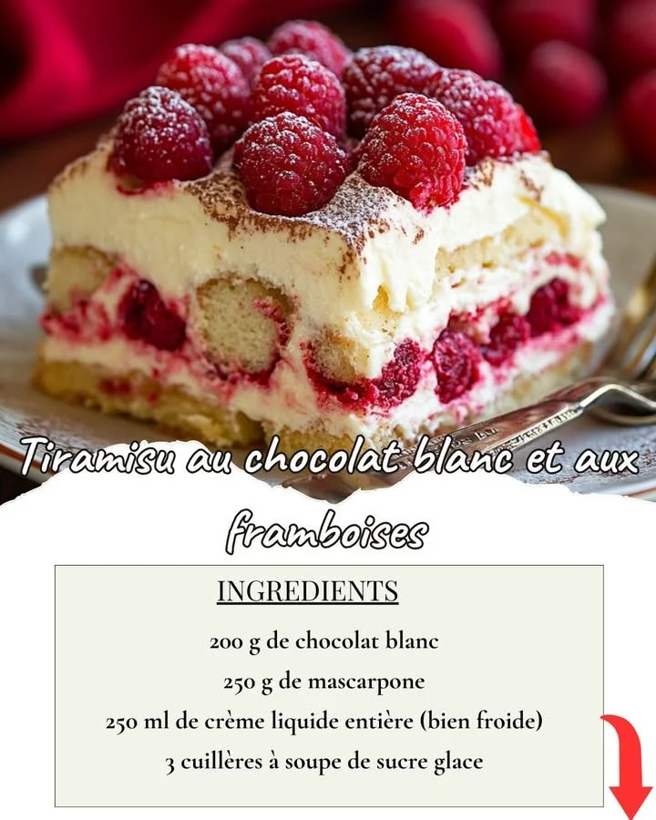 Tiramisu au chocolat blanc et framboises, un dessert élégant et savoureux.