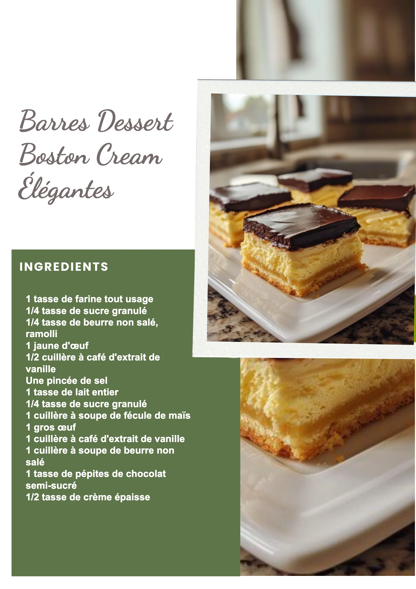 Barres dessert élégantes Boston Cream délicieuses et chocolatées
