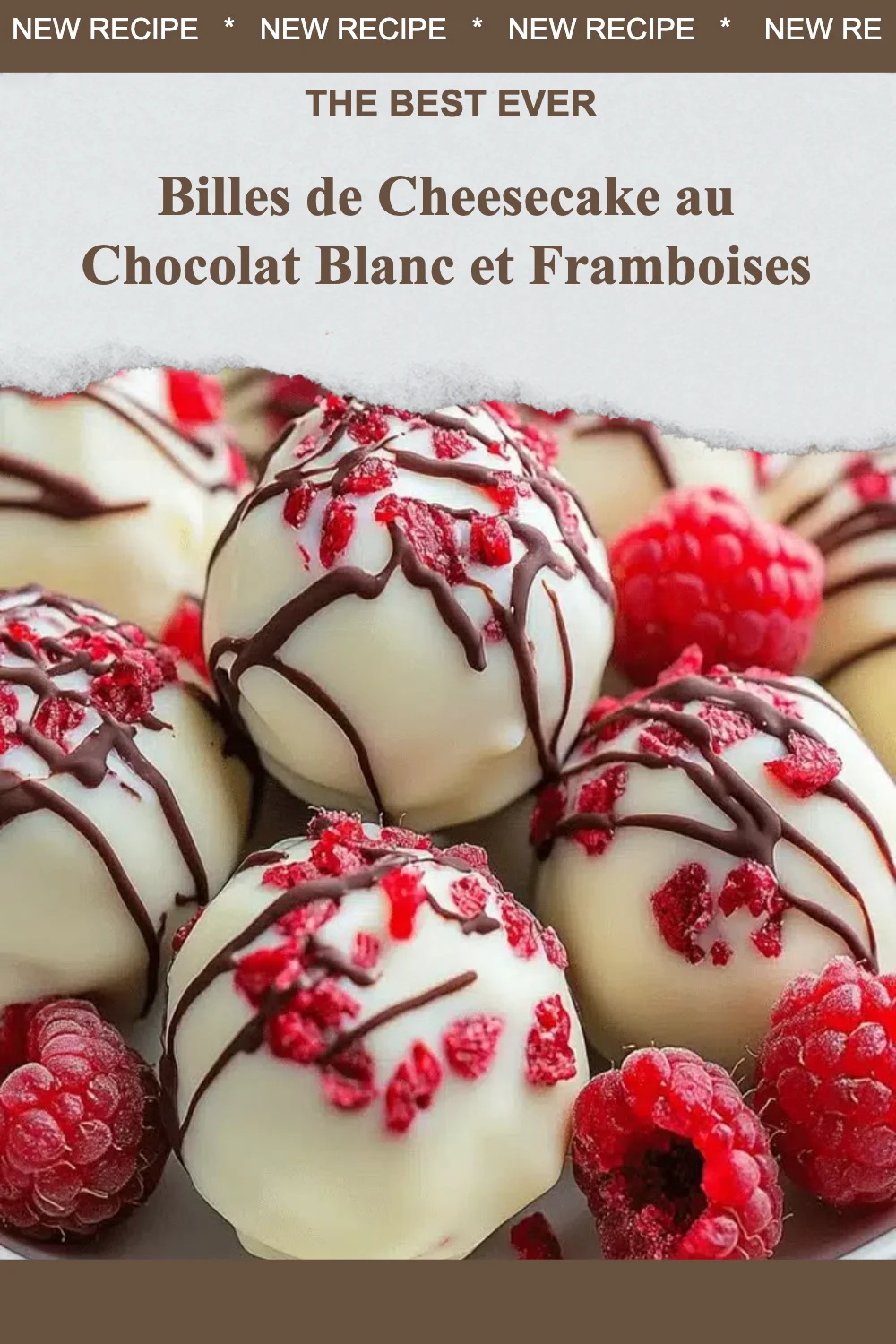 Billes de cheesecake au chocolat blanc et framboises, un dessert délicieux.