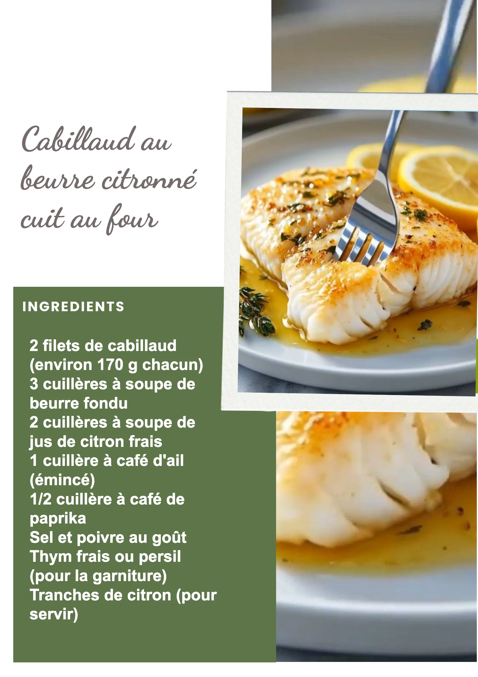 Cabillaud au beurre citronné cuit au four, plat savoureux et élégant.