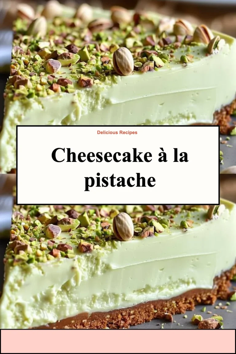 Cheesecake à la pistache avec une croûte croustillante et une garniture crémeuse.