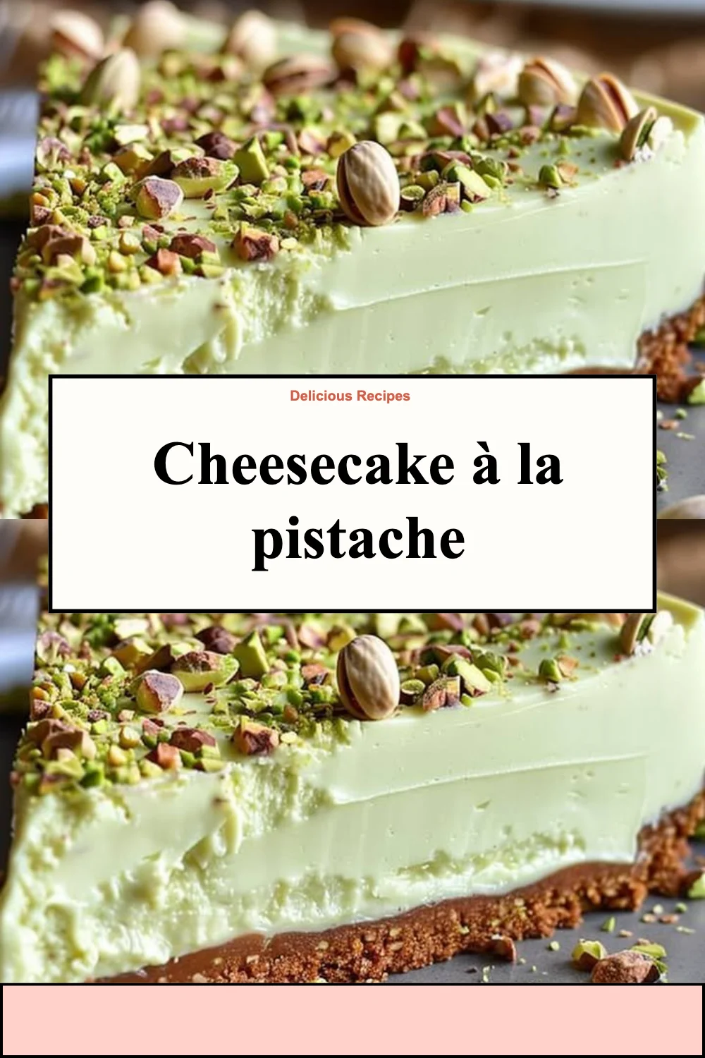 Cheesecake à la pistache avec une croûte croustillante et une garniture crémeuse.