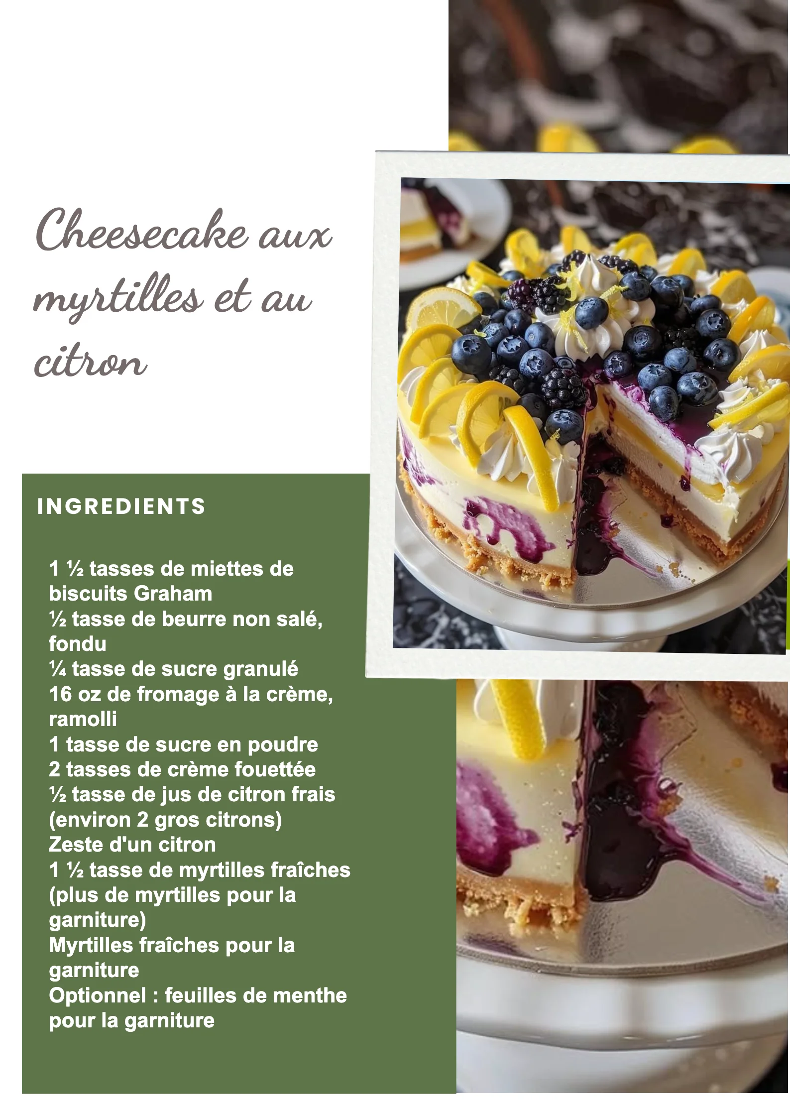 Cheesecake aux myrtilles et au citron, dessert gourmand et frais