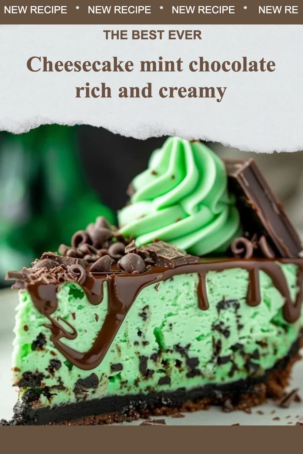 Cheesecake mint chocolate, riche et crémeux, avec une touche de menthe fraîche.