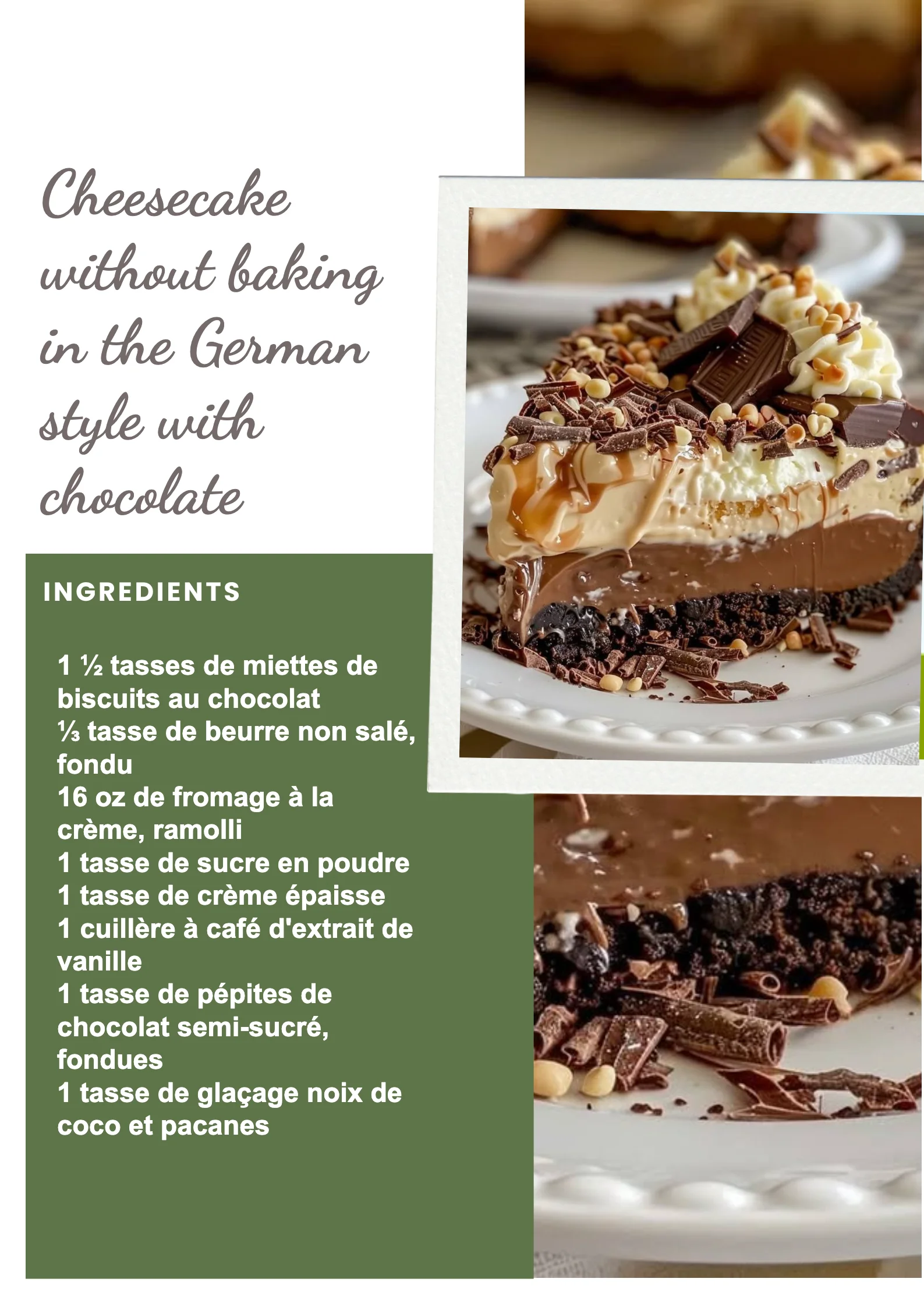 Cheesecake sans cuisson à l'allemande avec chocolat riche et crémeux