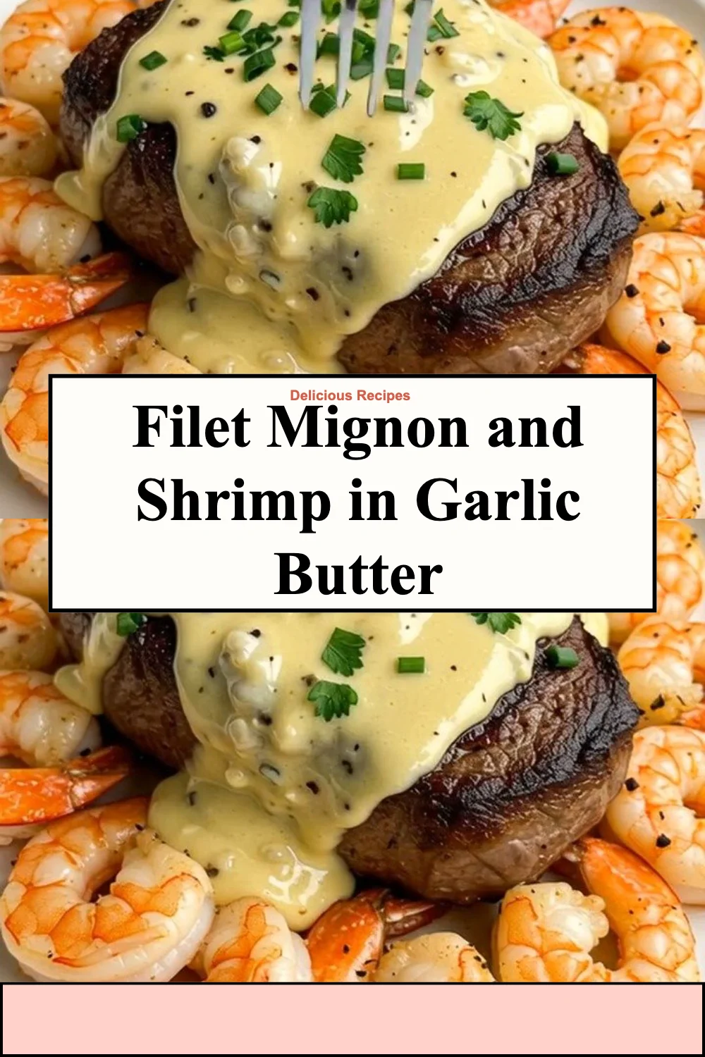 Filet mignon et crevettes cuisinés dans du beurre à l'ail, un plat gourmet.