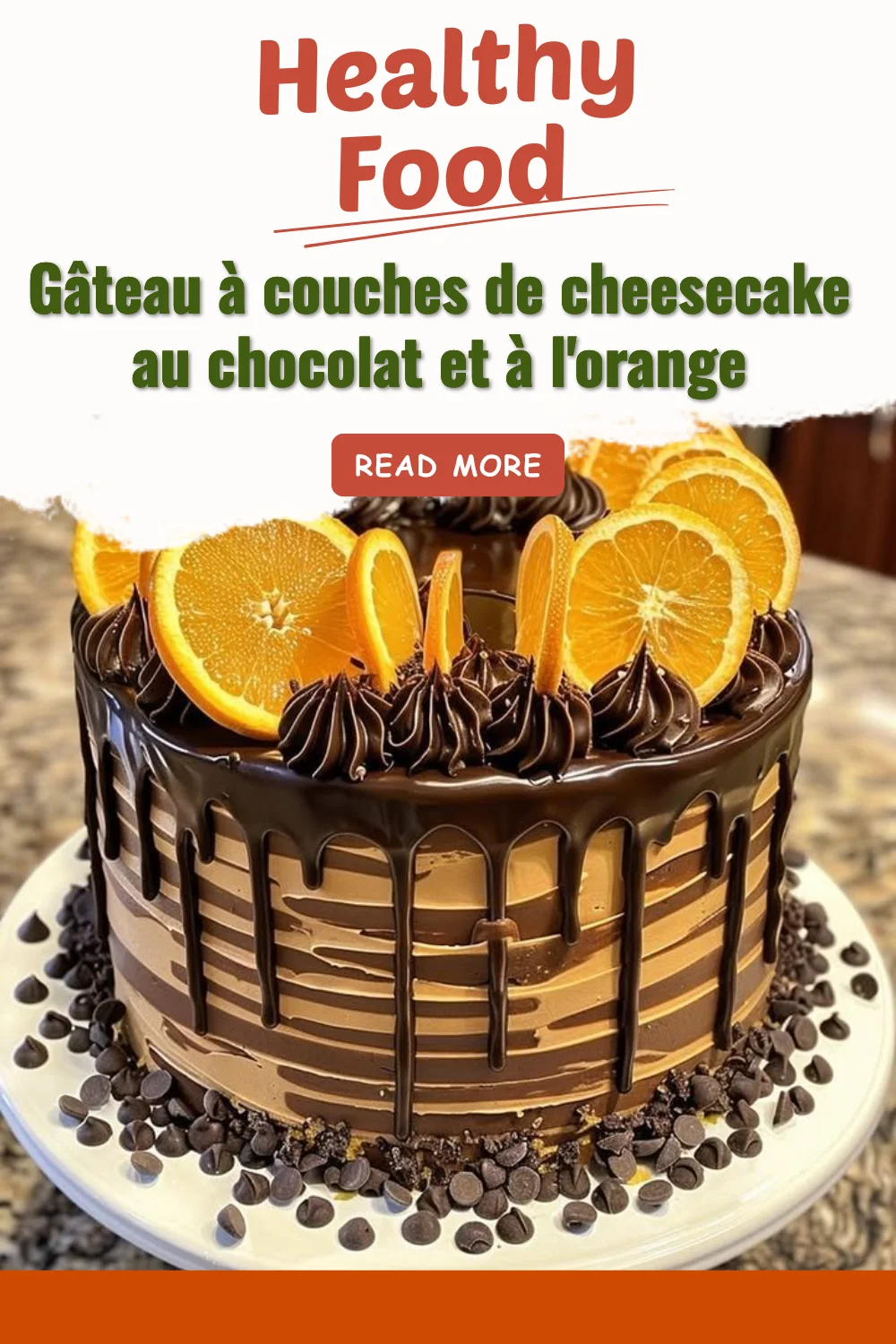 Gâteau à couches de cheesecake au chocolat et à l'orange, dessert gourmand.
