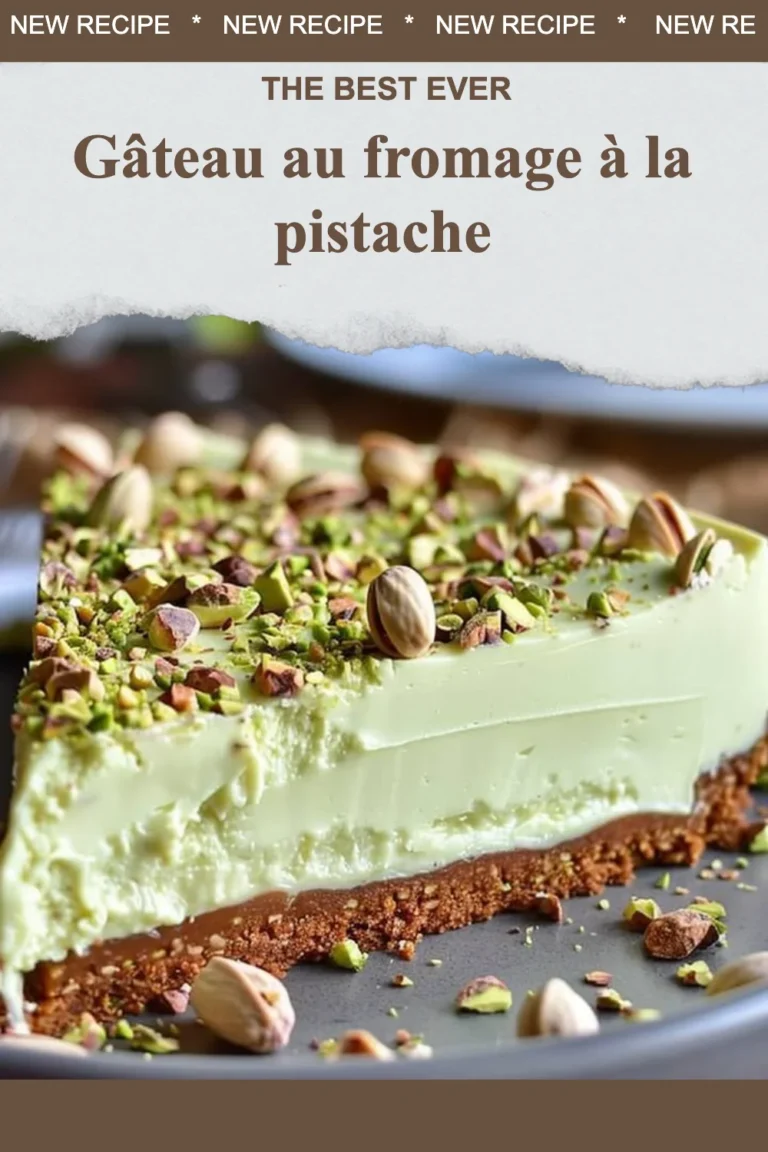 Gâteau au fromage à la pistache présenté avec des garnitures appétissantes.