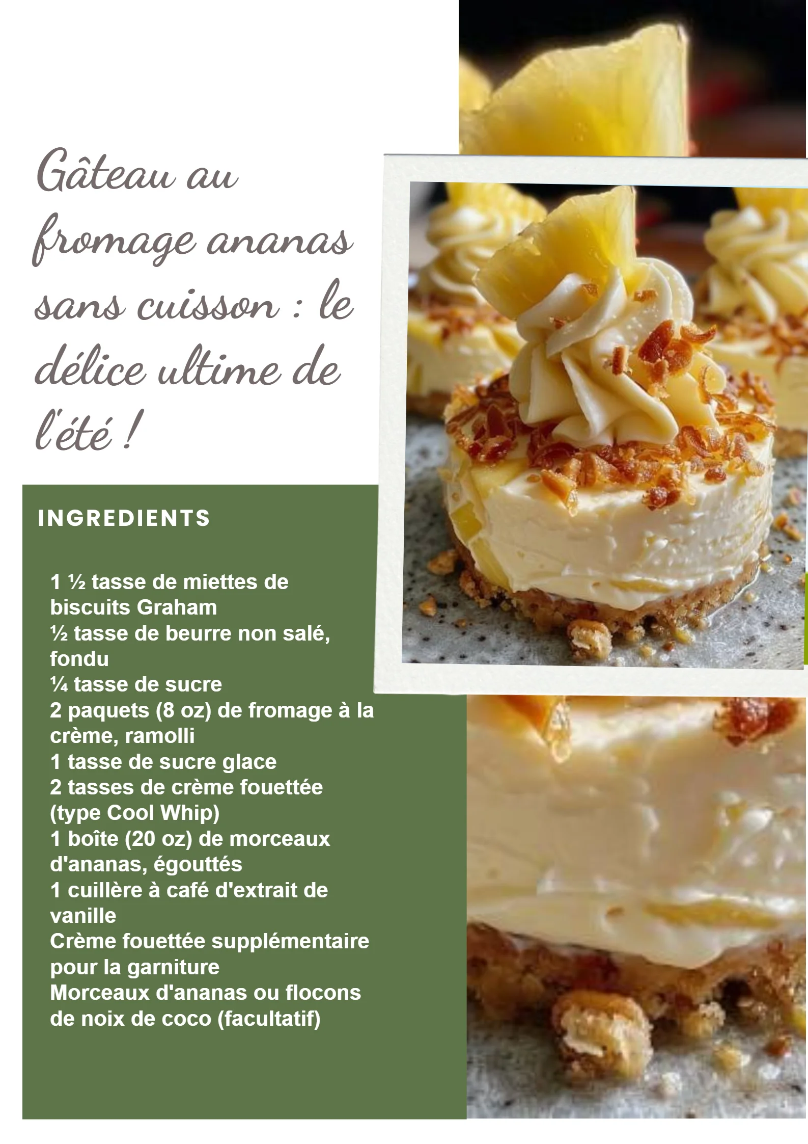 Gâteau au fromage ananas sans cuisson, dessert frais et savoureux pour l'été