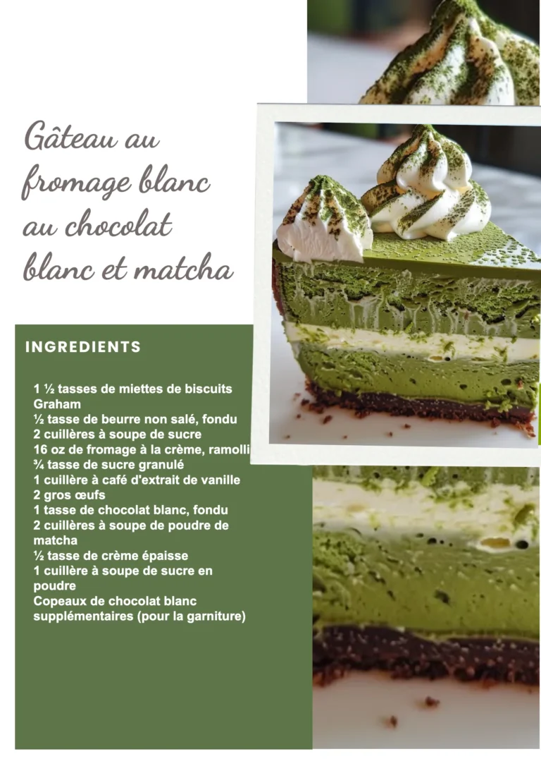 Gâteau au fromage blanc au chocolat blanc et matcha, dessert crémeux et savoureux.