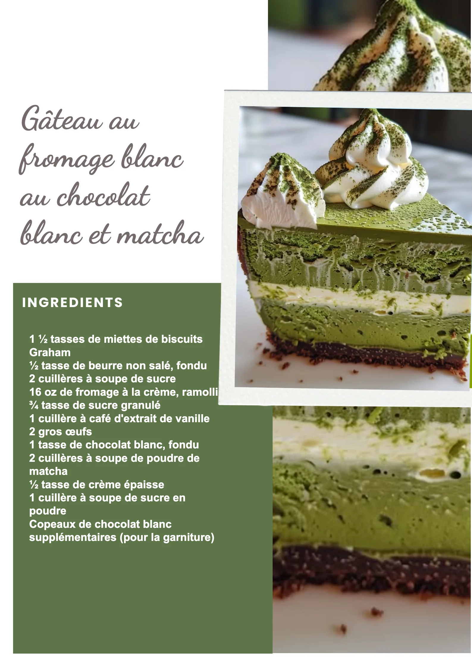 Gâteau au fromage blanc au chocolat blanc et matcha, dessert crémeux et savoureux.