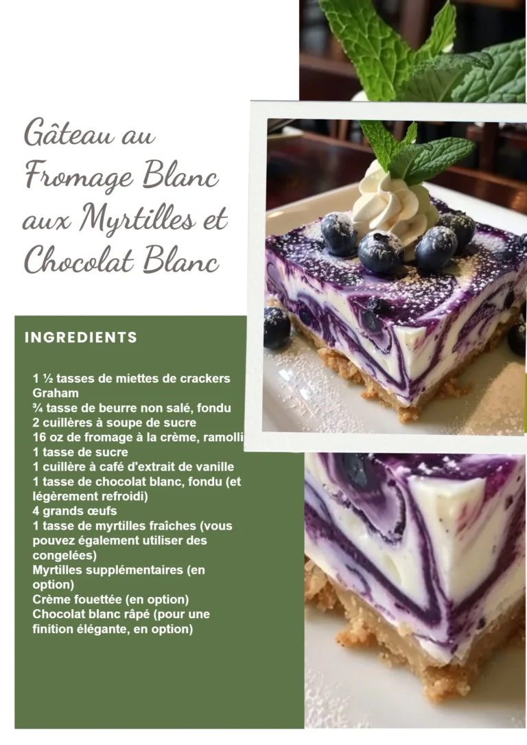 Gâteau au fromage blanc décoré de myrtilles et chocolat blanc sur une assiette
