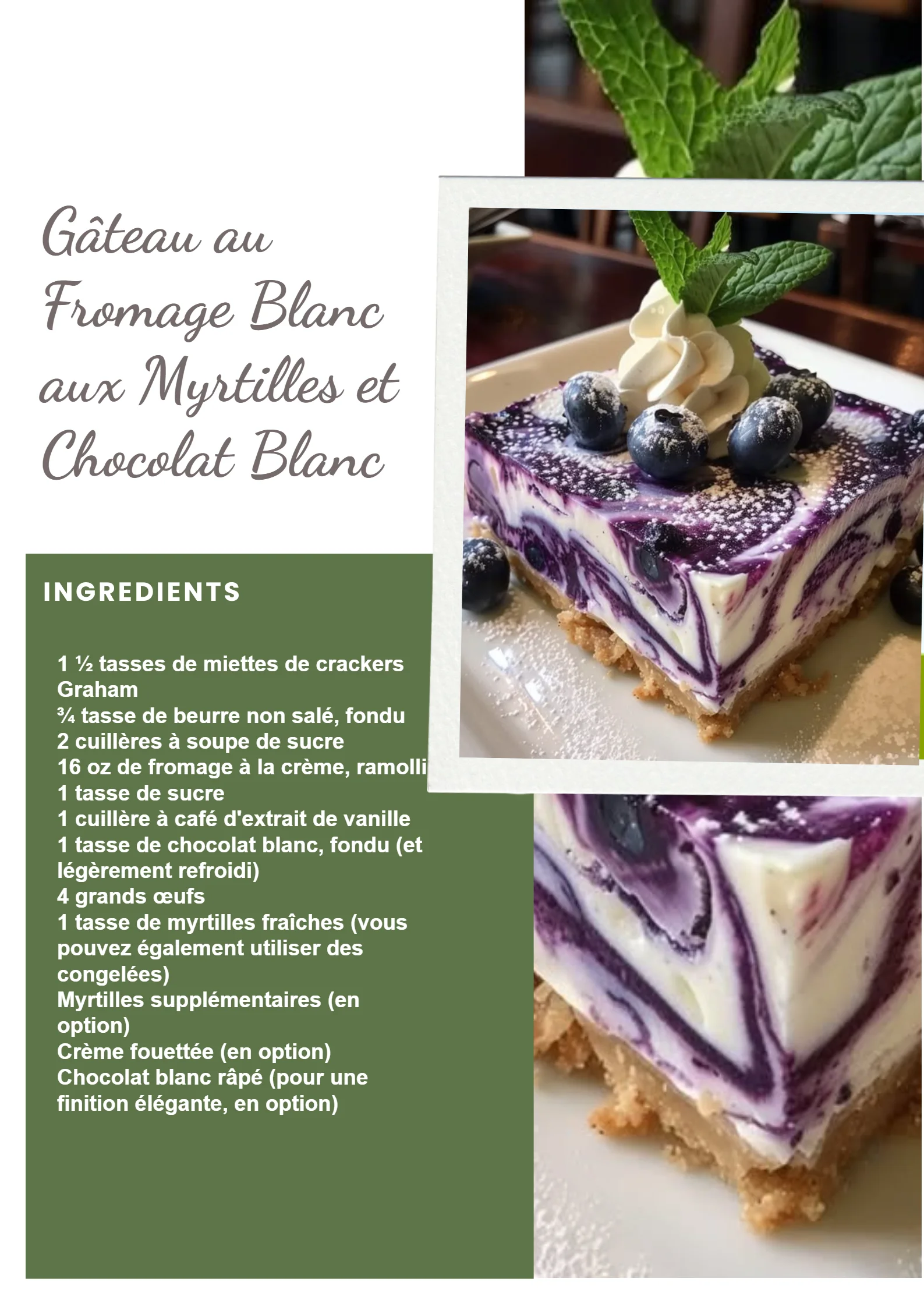 Gâteau au fromage blanc décoré de myrtilles et chocolat blanc sur une assiette