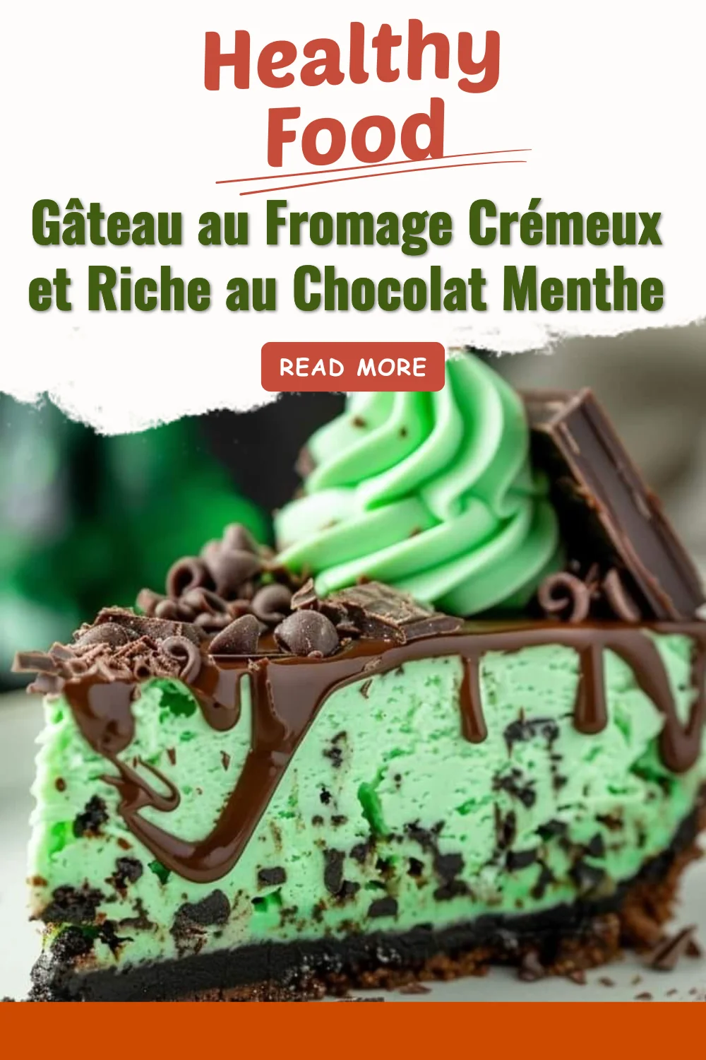 Gâteau au fromage crémeux et riche au chocolat menthe, élégant et délicieux.