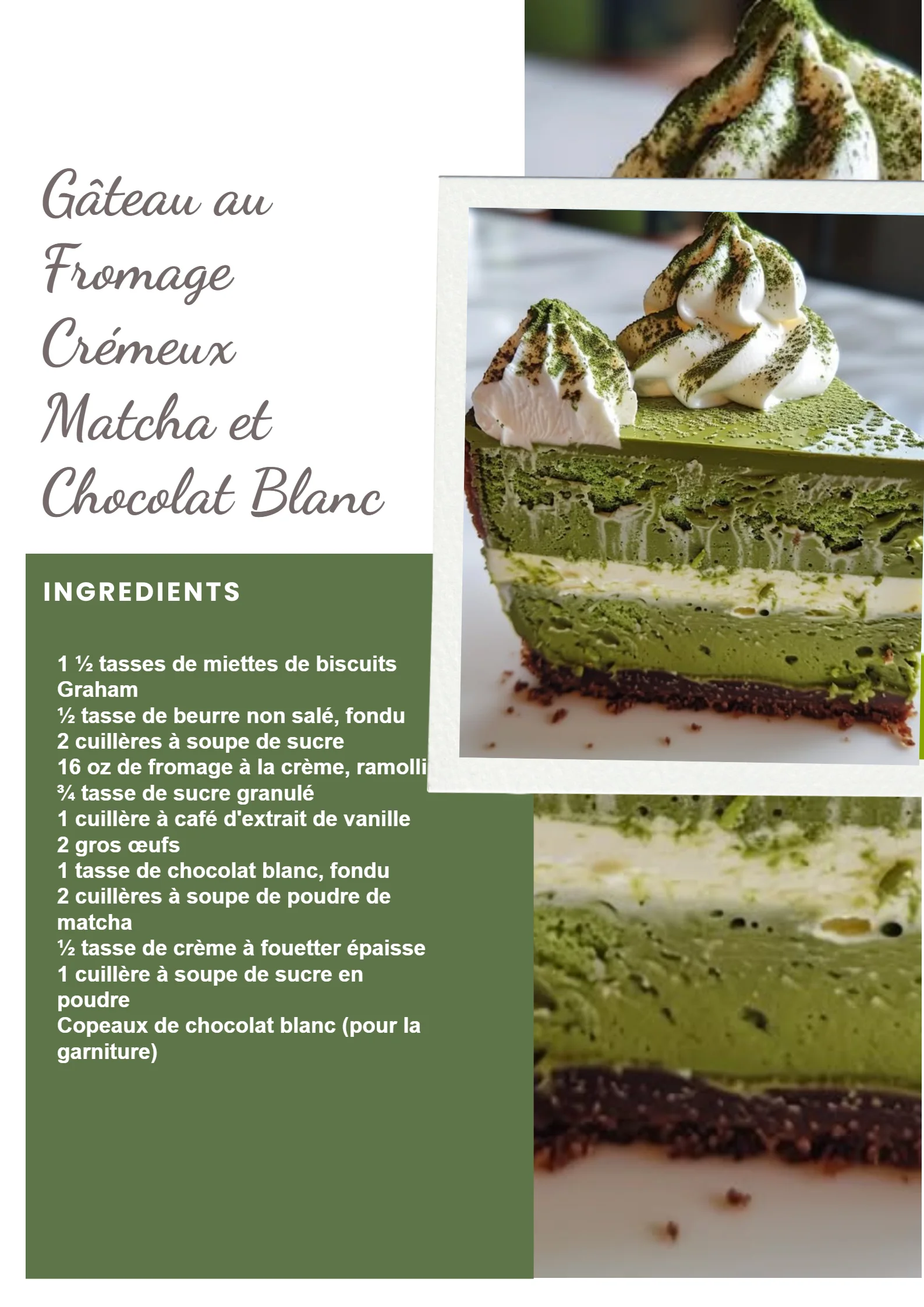 Gâteau au fromage crémeux au matcha et chocolat blanc, un dessert savoureux