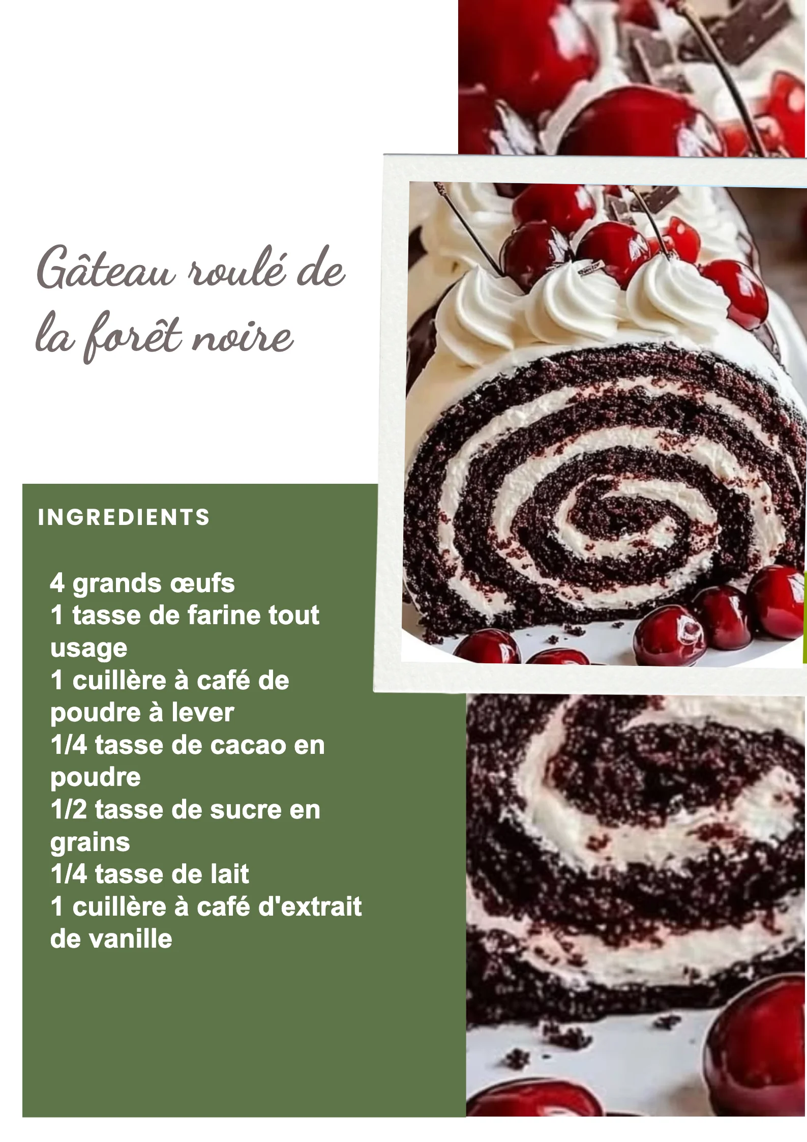 Gâteau roulé de la forêt noire avec cerises et crème fouettée