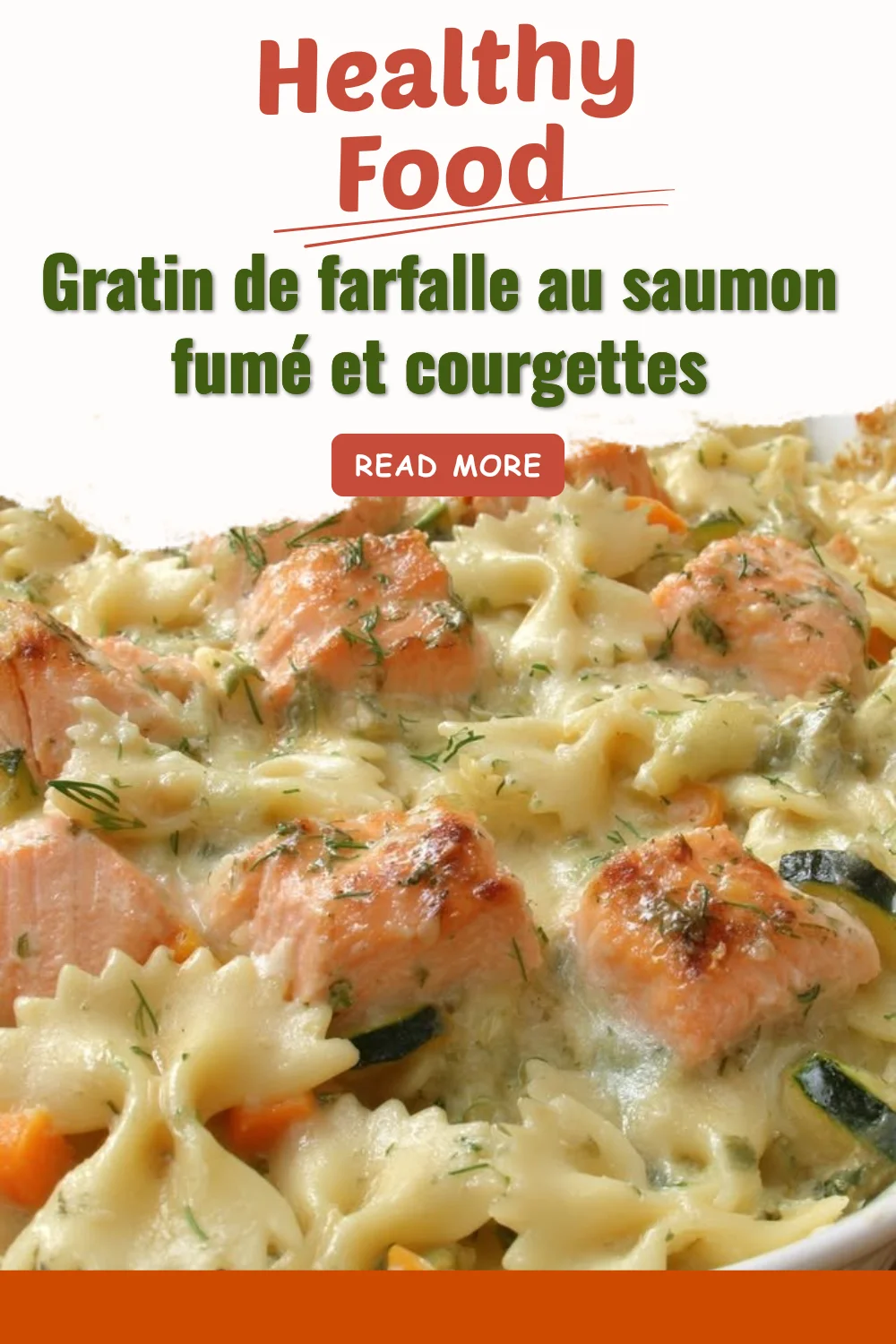 Gratin de farfalle avec saumon fumé et courgettes, plat gratiné appétissant.