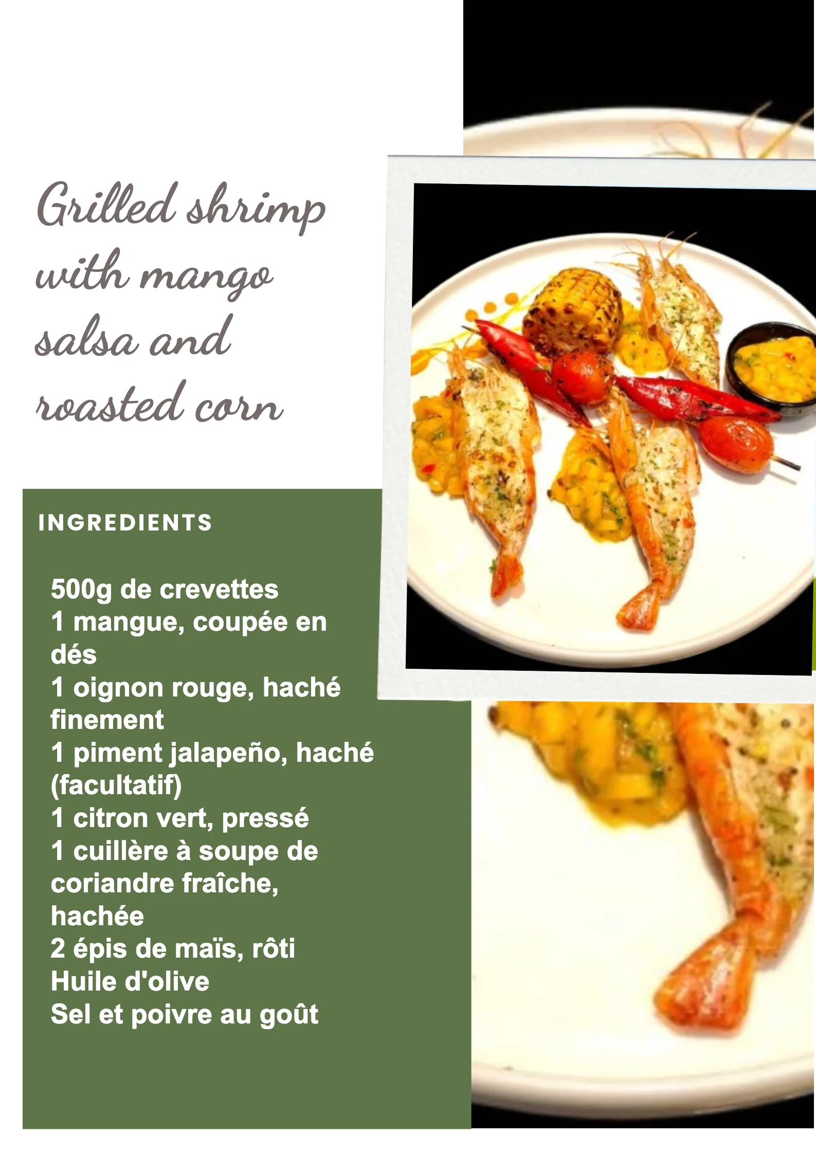 Crevettes grillées avec salsa de mangue et maïs rôti sur une assiette
