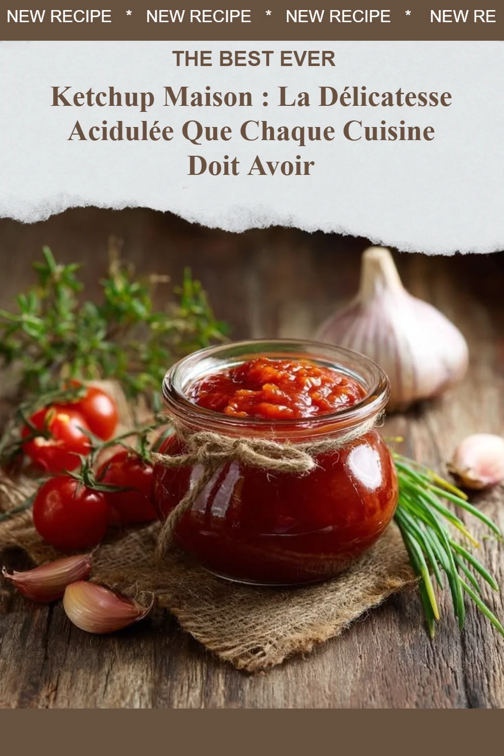 Bouteille de ketchup maison fait maison sur une table en bois.