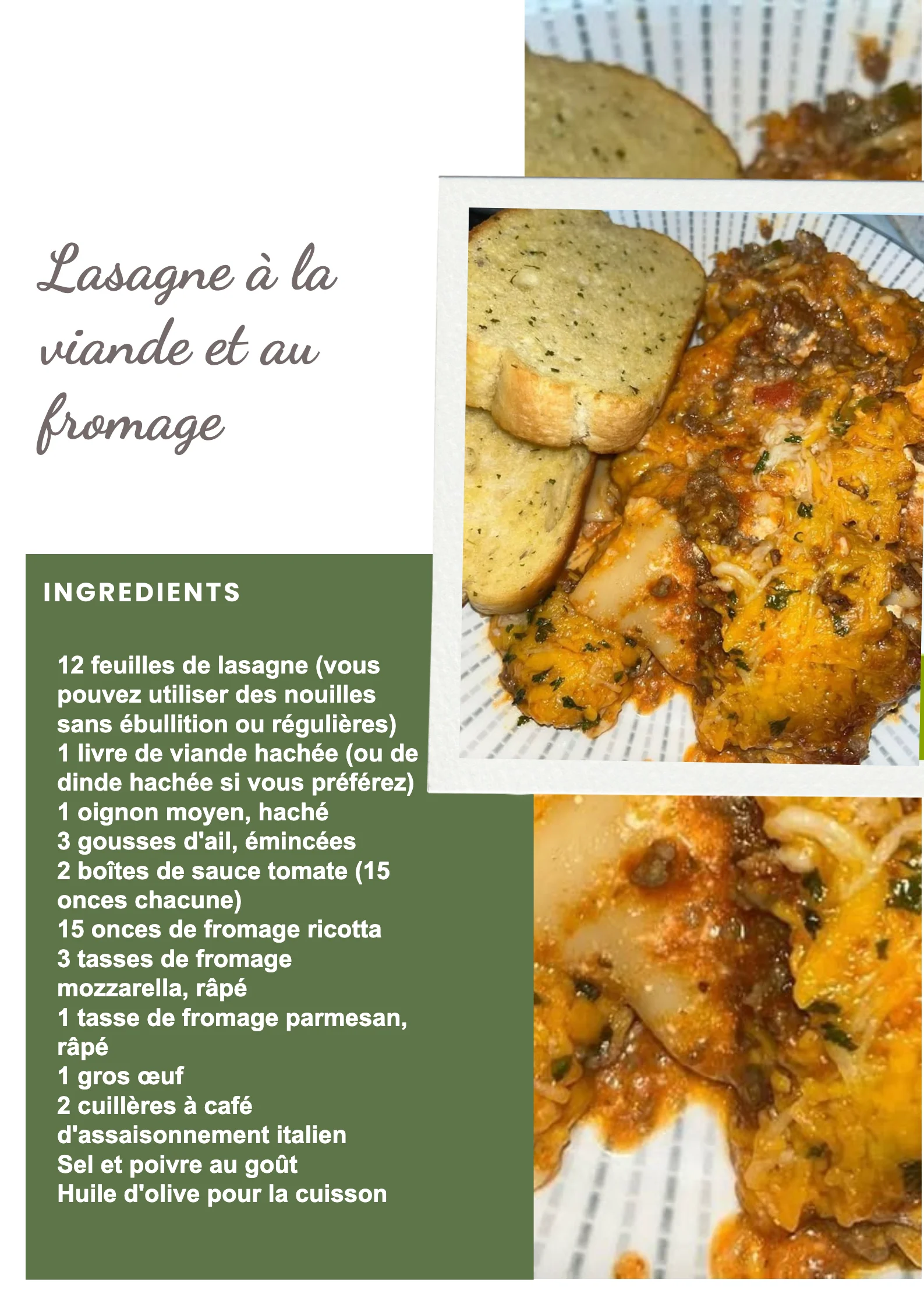 Lasagne à la viande et au fromage servie chaude avec une garniture de basilic