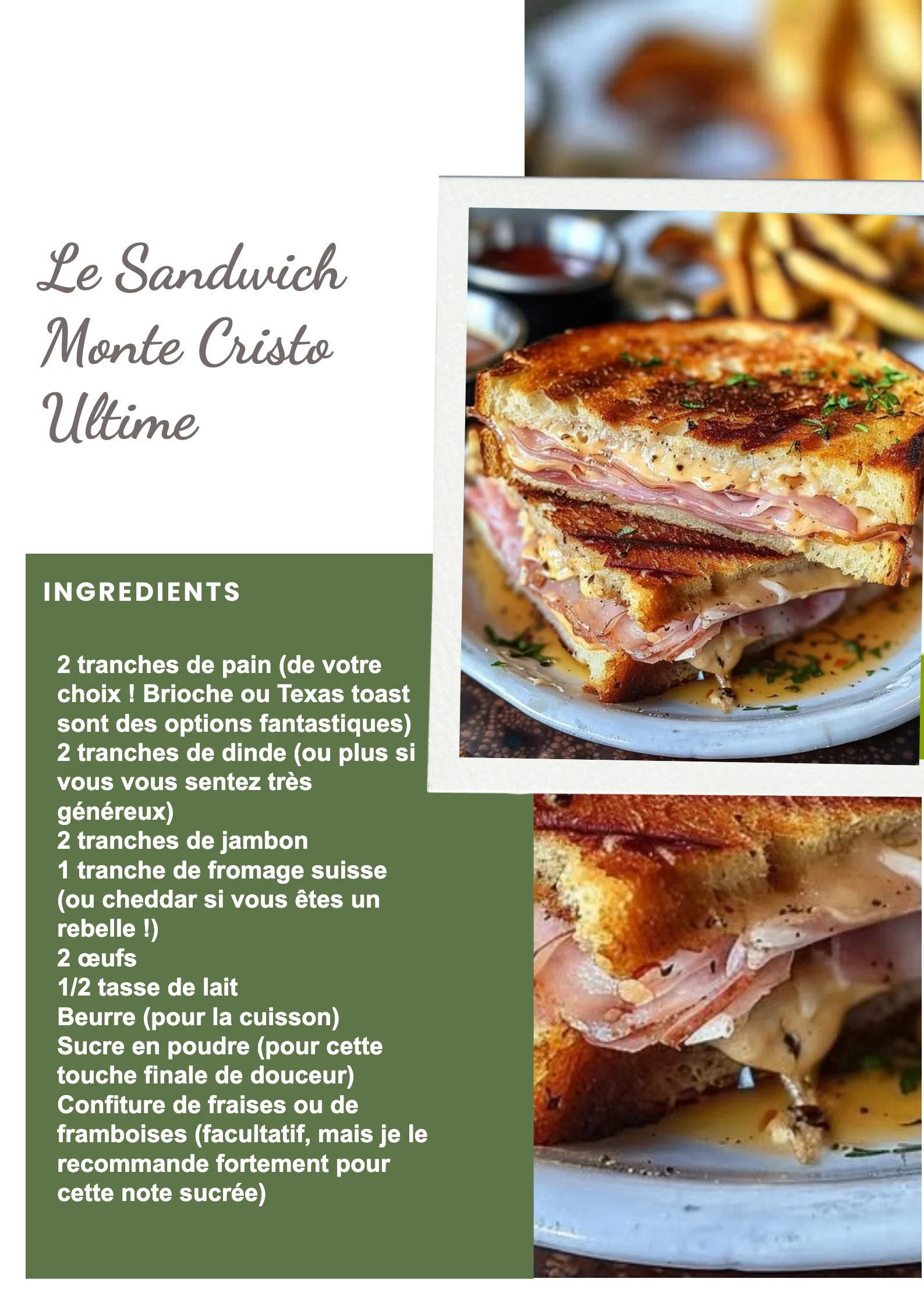 Sandwich Monte Cristo préparé avec du pain doré et garni de jambon et fromage