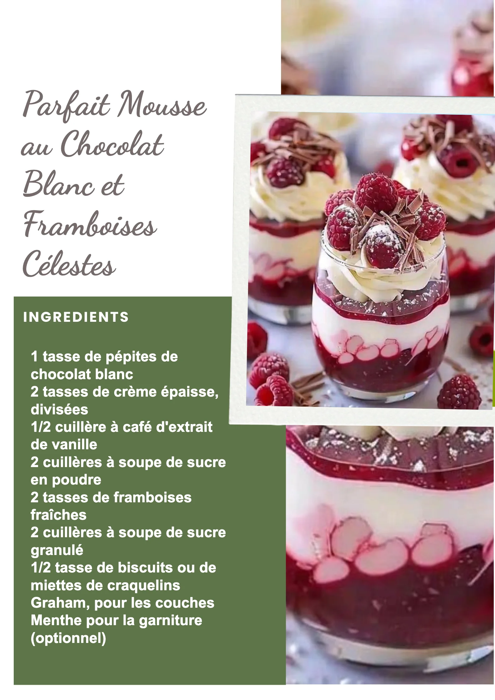 Mousse au Chocolat Blanc avec framboises fraîches sur une assiette élégante.
