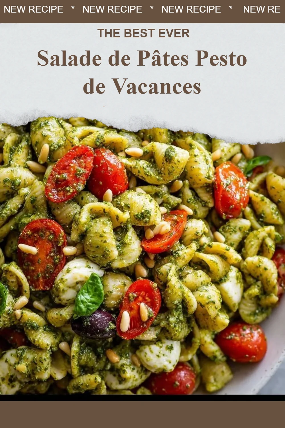 Salade de pâtes pesto avec légumes colorés et basilic frais