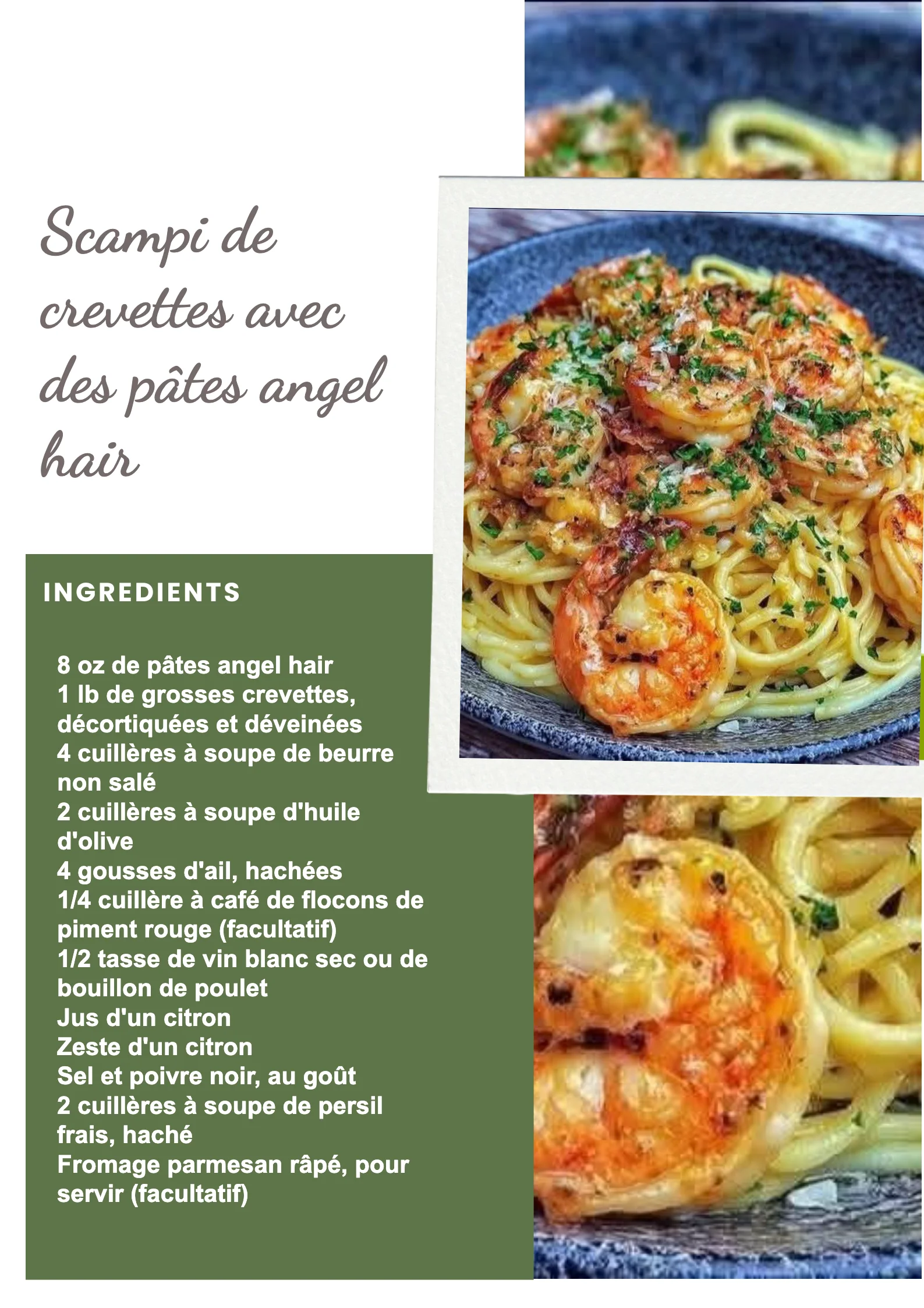 Assiette de scampi de crevettes servie avec des pâtes angel hair