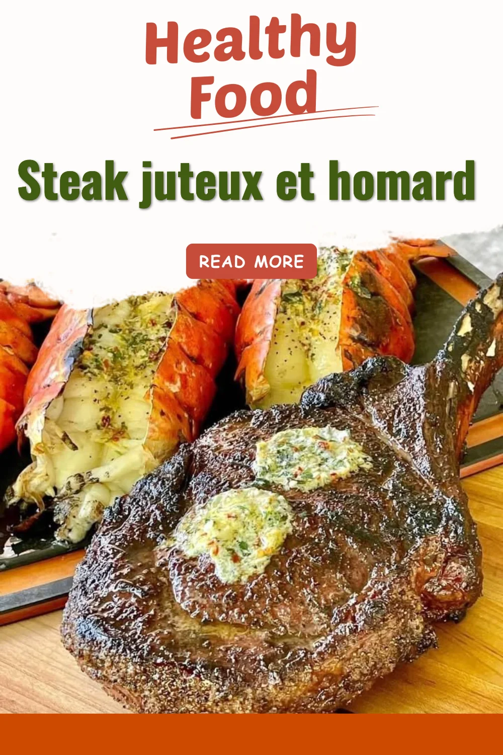 Steak juteux accompagné de homard frais, un plat gourmet savoureux.