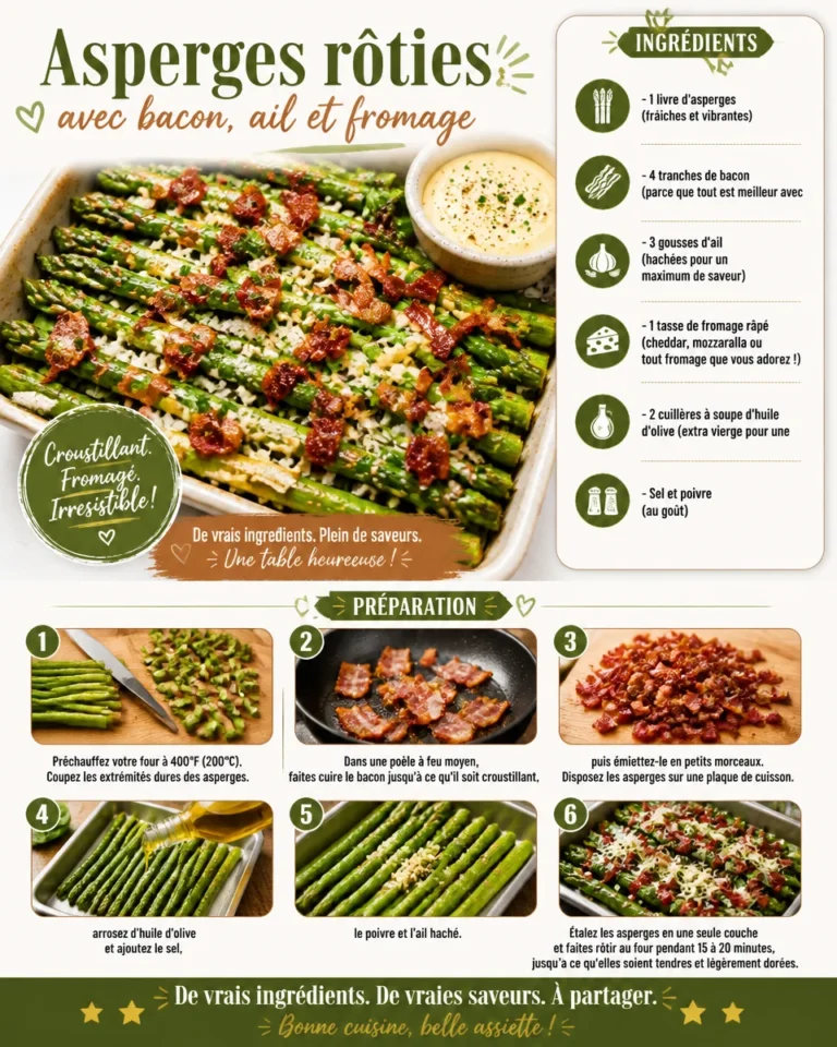 Asperges rôties avec bacon, ail et fromage, plat savoureux et coloré.