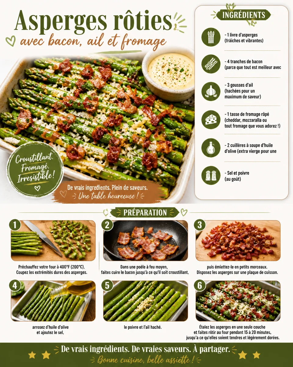 Asperges rôties avec bacon, ail et fromage, plat savoureux et coloré.