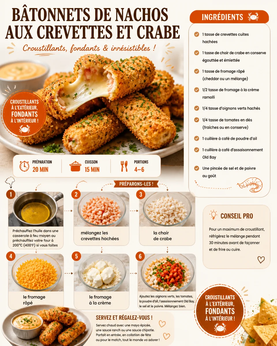 Bâtonnets de nachos aux crevettes et crabe garnis de fromage fondu