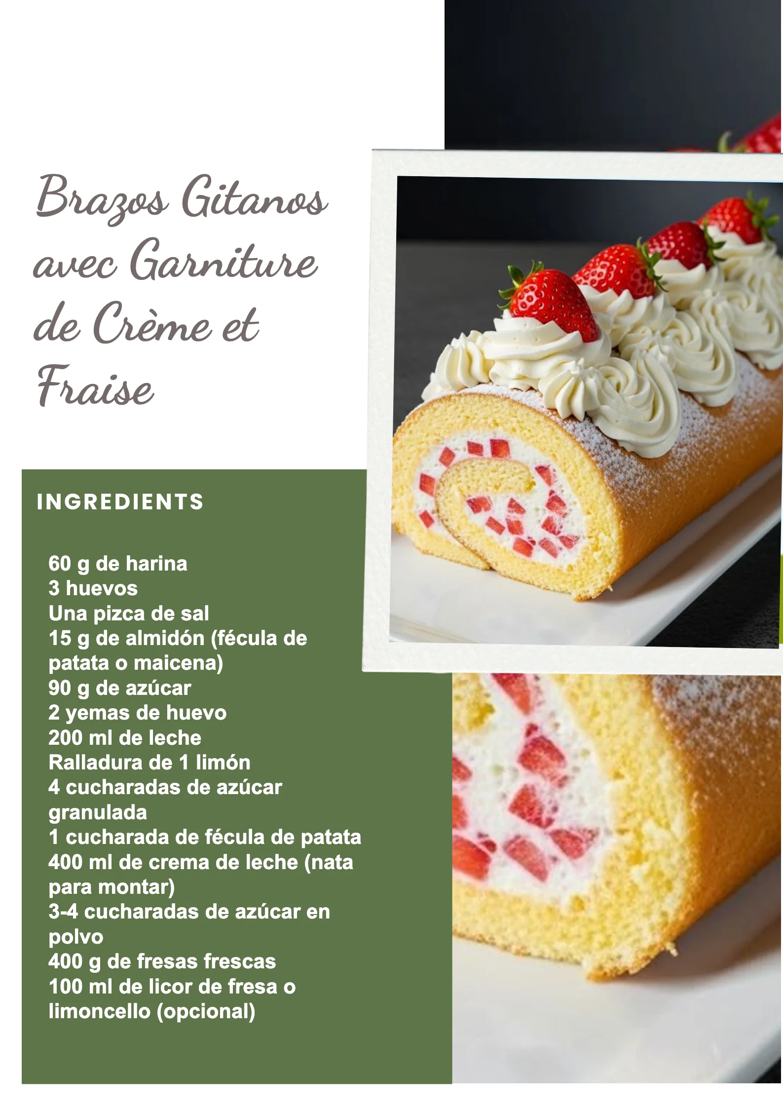 Brazos Gitanos avec garniture de crème et fraise, dessert sucré savoureux.