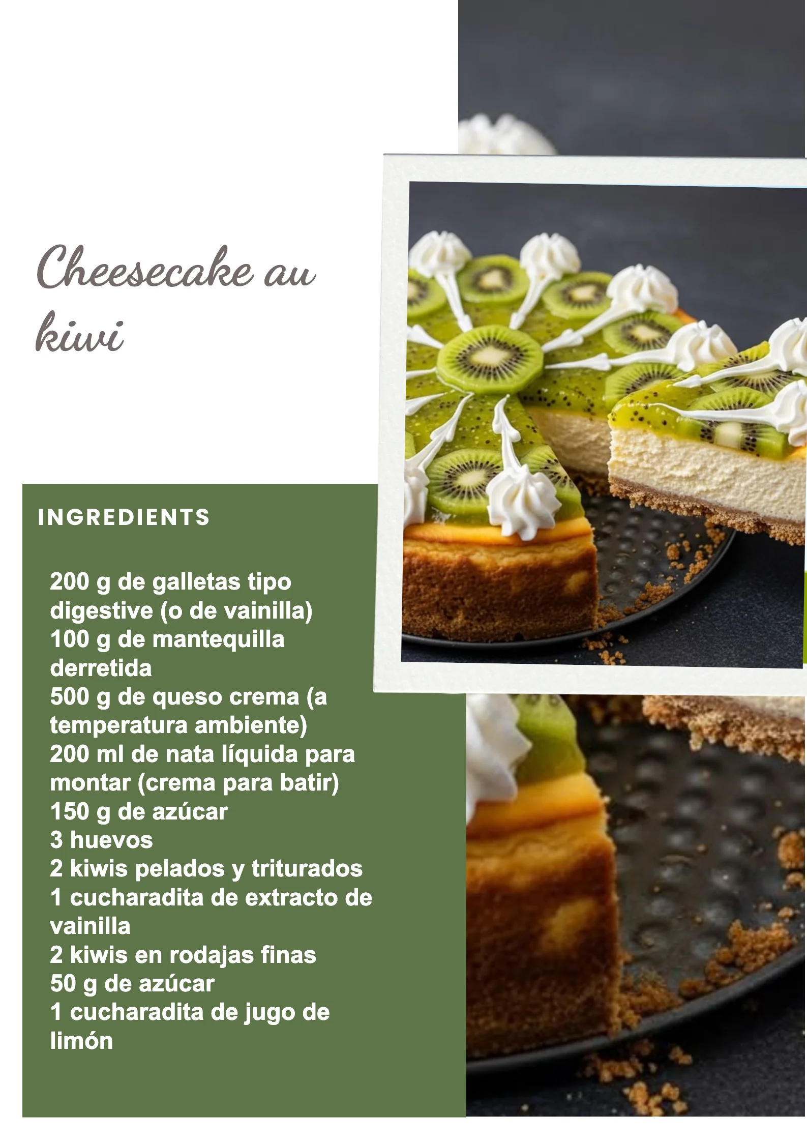 Cheesecake au kiwi délicieux et crémeux sur un plat, décoré de tranches de kiwi.