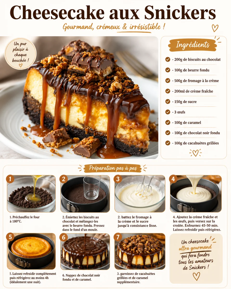 Cheesecake aux Snickers garni de morceaux de chocolat et de cacahuètes