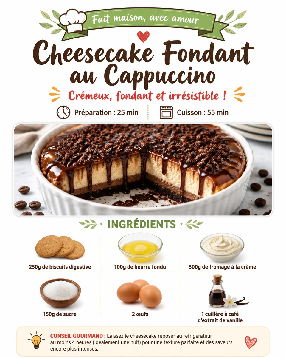 Cheesecake fondant au cappuccino décoré, dessert crémeux et savoureux.