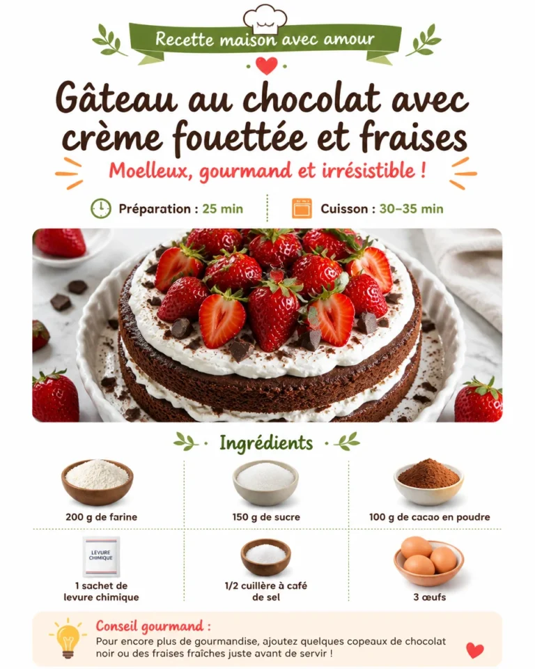 Gâteau au chocolat avec crème fouettée et fraises fraîches
