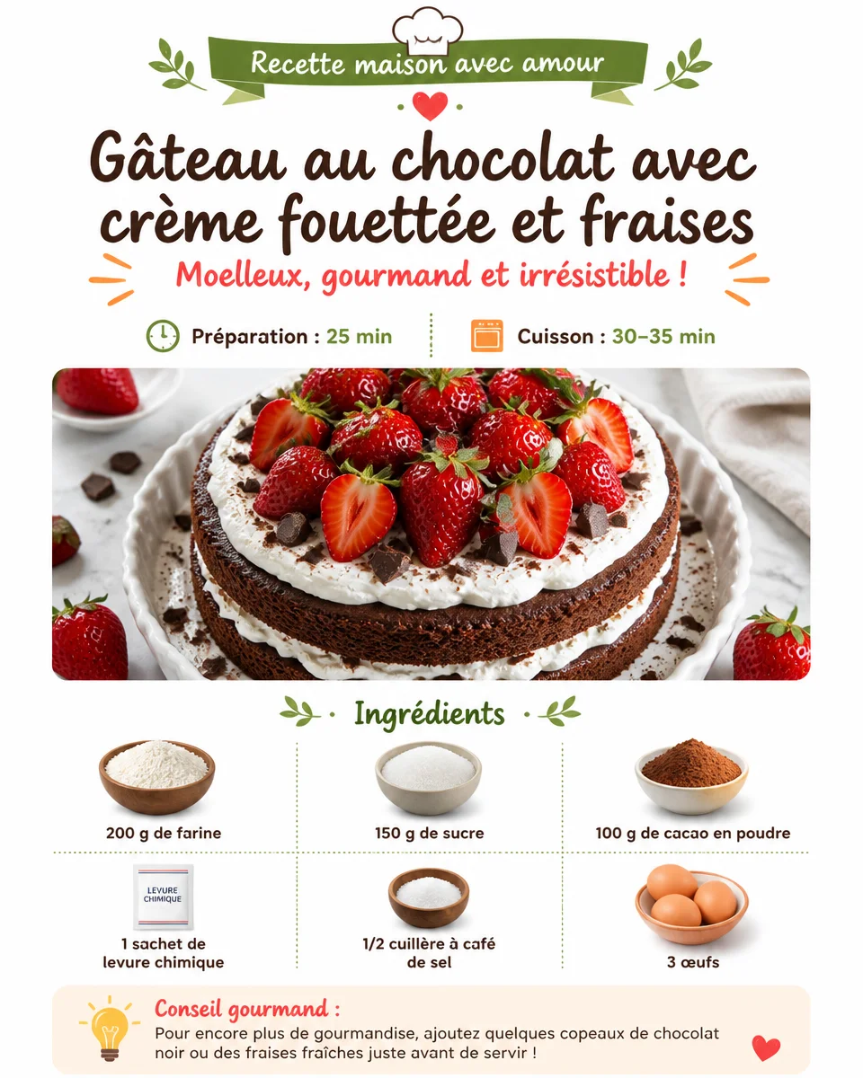 Gâteau au chocolat avec crème fouettée et fraises fraîches
