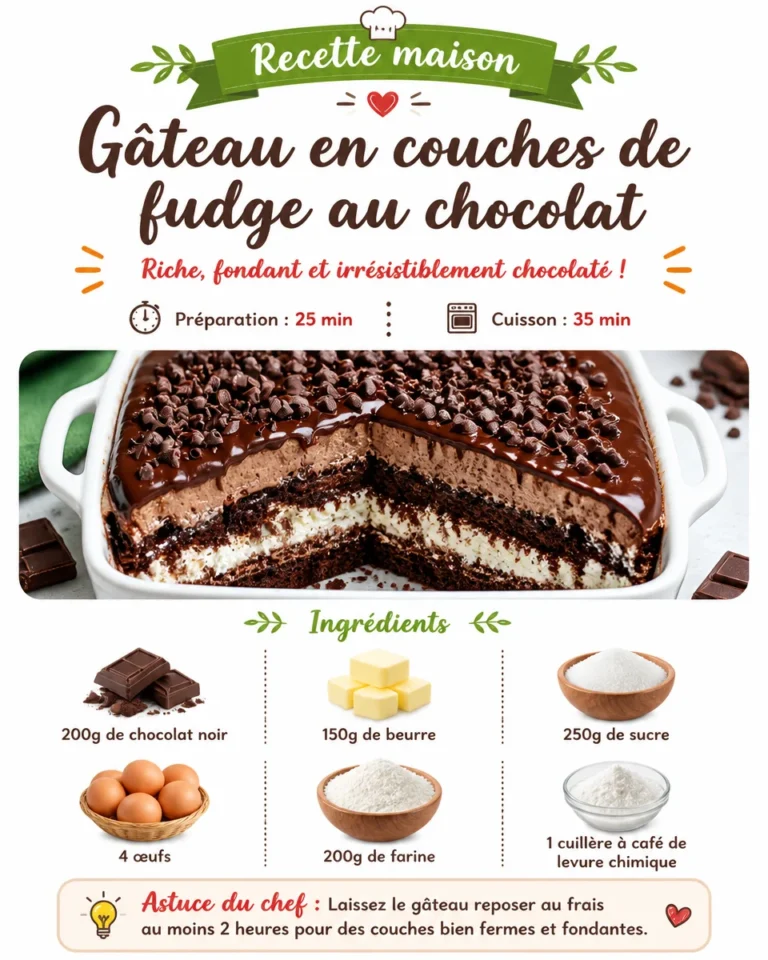 Gâteau à étages au fudge au chocolat garni de crème fondante
