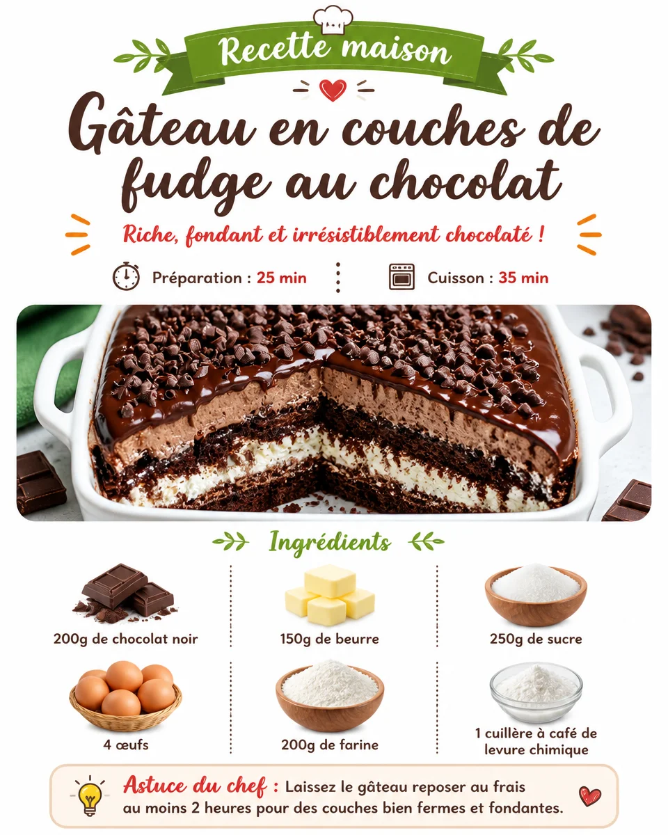Gâteau à étages au fudge au chocolat garni de crème fondante