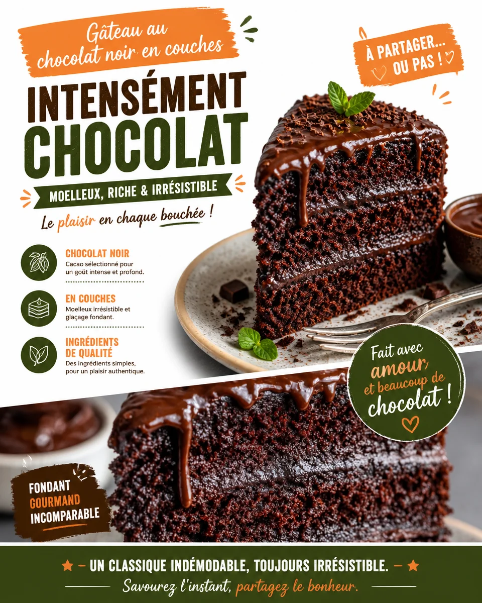 Gâteau au chocolat à couches riche et moelleux, parfait pour toute célébration.