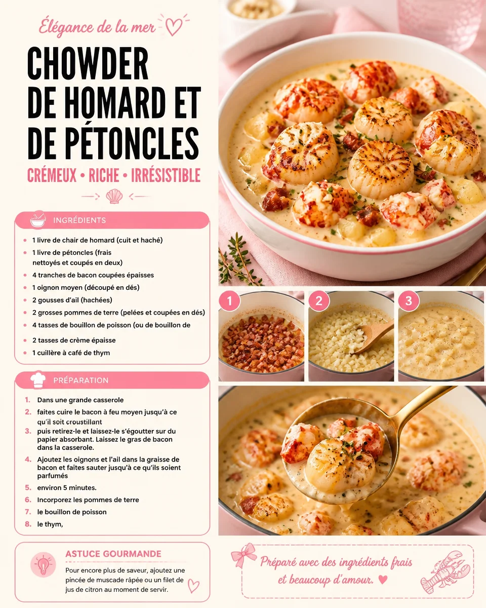 Chowder de homard et pétoncles dans un bol, prêt à déguster.