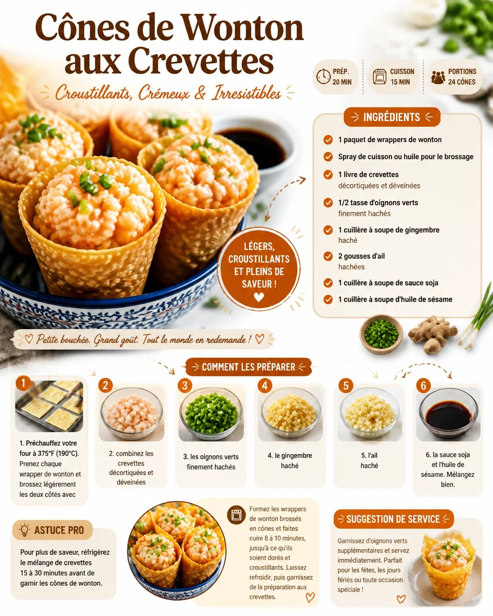 Cônes de wonton garnis de crevettes croustillantes et savoureuses.
